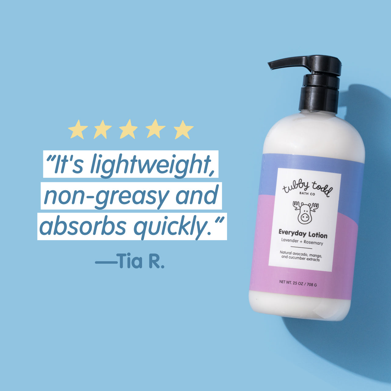 Lotion bottle with purple label on a blue background, featuring a five-star rating and customer review.